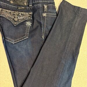 Miss Me Dark Blue Straight Leg Jeans with Embellished Pockets